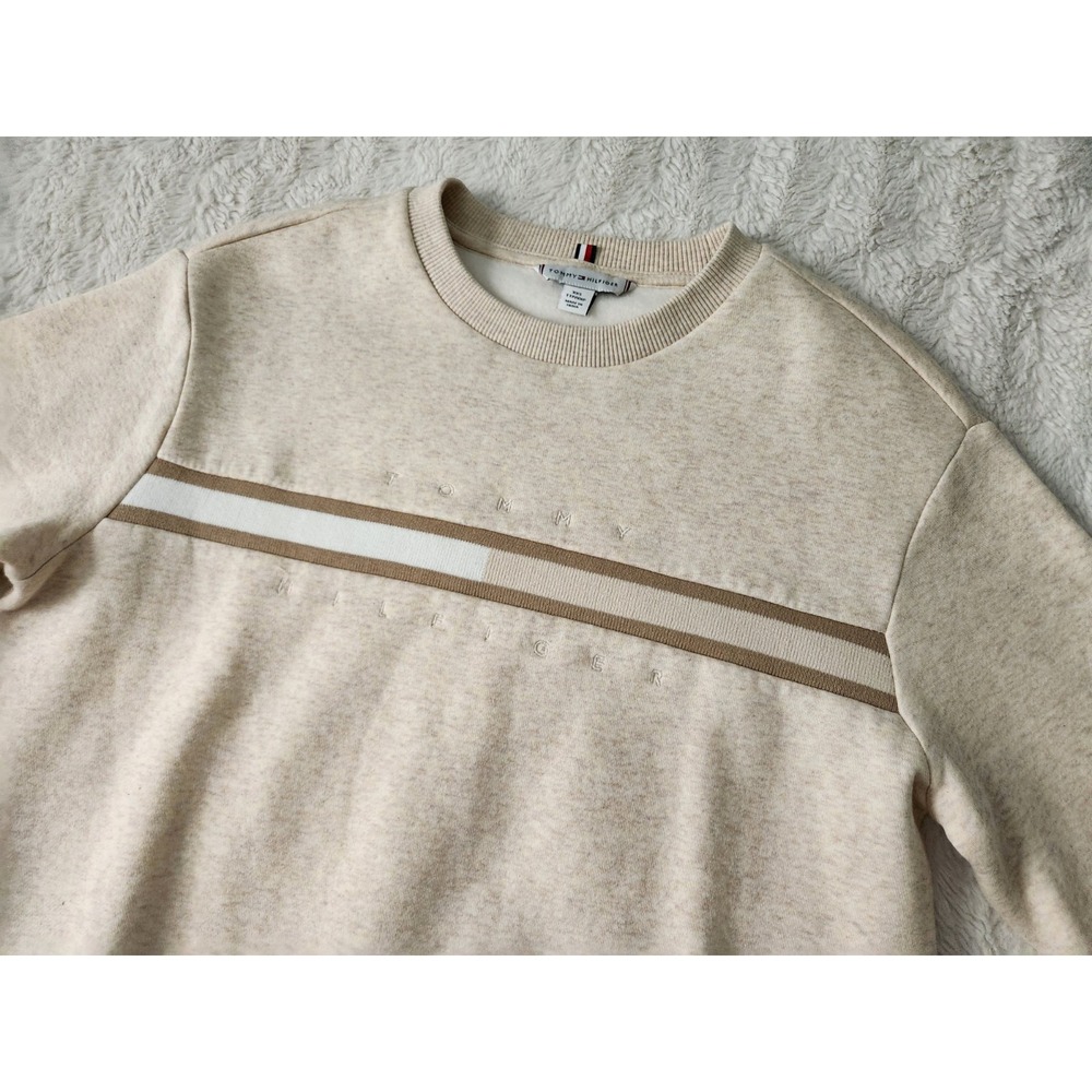 Tommy Hilfiger Sweatshirt Women XXS Beige Oatmeal Embroidered Logo Chest Stripe